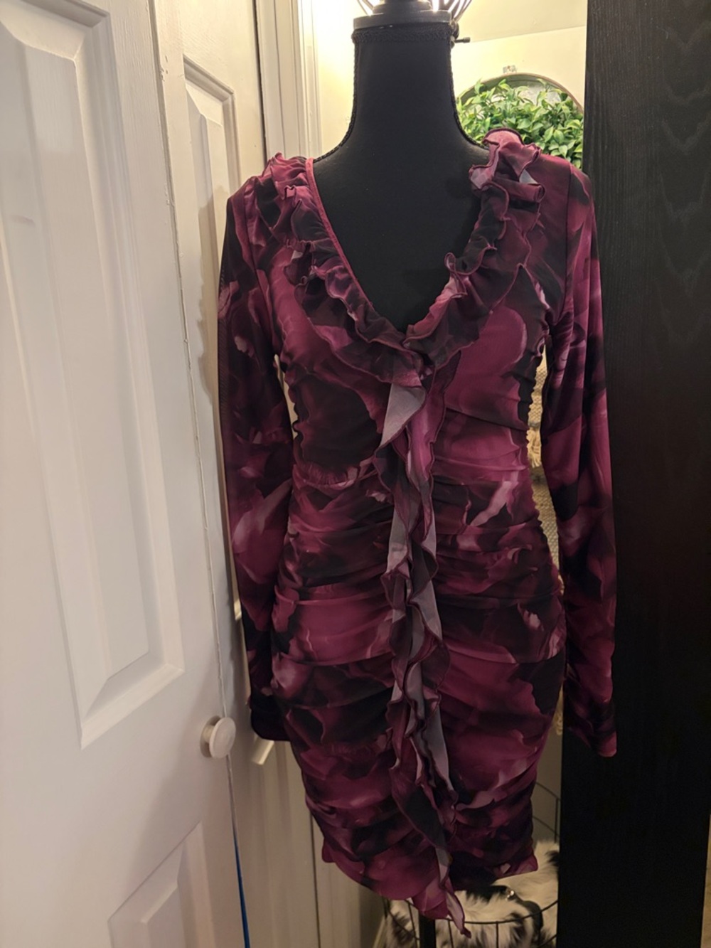 Oh Polly Magenta Floral Ruffled Ruched Mini Dress